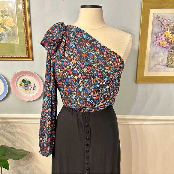 J Crew One-Shoulder Star Print Blouse Size 10 Colorful Party Maximalism - Picture 2 of 10
